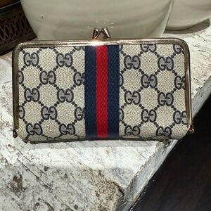 Gucci Cream and Blue Wallet with Monogram Design